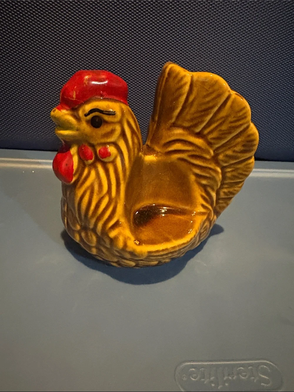 Vintage Ceramic Hen Napkin holder with spots for shakers- Yellow and Red
